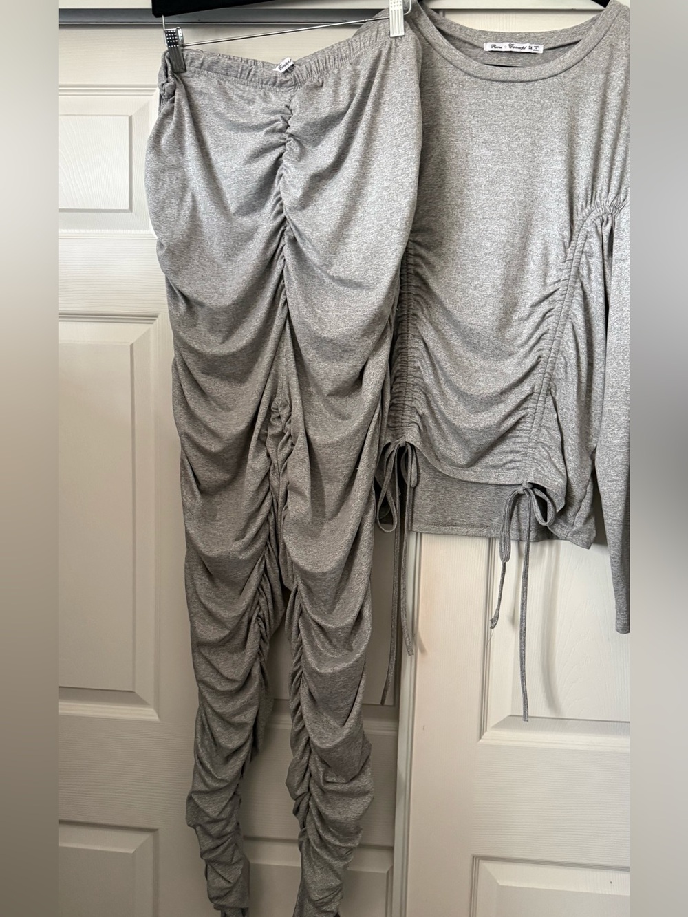 Plus size gray Ruched Two-Piece Set - Long Sleeve Top & Matching Pants